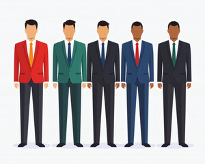 Five stylized men in suits of varying colors stand side by side, showcasing diversity in fashion and professional attire.
