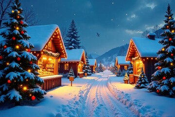Fototapeta premium Snow-covered village with Christmas market stalls and twinkling lights, twinkling lights, xmas stalls
