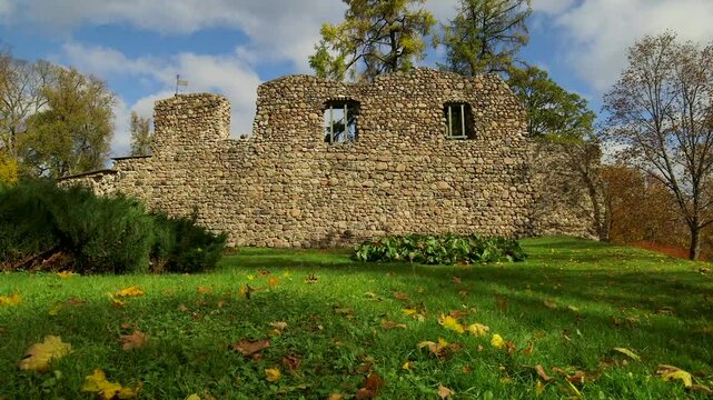 Ancient medieval castle ruins, stone masonry wall. Valmiera Medieval Castle was the Castle of the Livonian Order's Master with a Forecourt and Fortified Town of Valmiera.