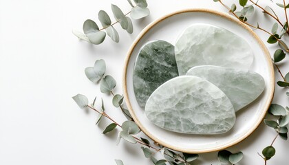 River Jade Gua Sha Stones Arranged On A Plate With Eucalyptus Branches In A Top View Setting For A Traditional Chinese Facial Massage.