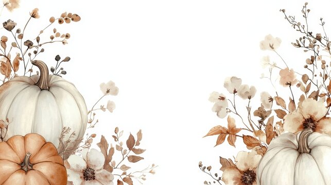 Autumn Watercolor Pumpkins   Flowers  Thanksgiving Design