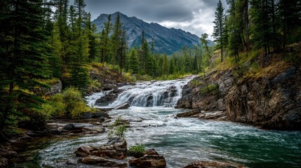 Cascading Waterfall Flowing Through Rocky Forest Landscape