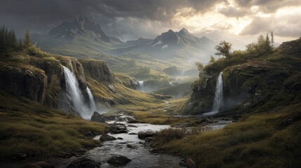 Fototapeta premium Waterfall Scenery in Mountain Valley Under Cloudy Sky