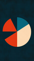 A minimalist pie chart with four segments in red, teal, beige, and dark blue, set against a textured dark background.