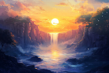 A vibrant sunset over a waterfall between cliffs with birds flying above