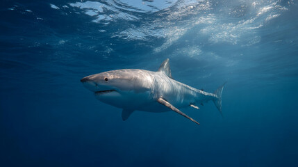 Obraz premium Great white shark underwater ocean predator wildlife marine life sea animal dangerous shark species nature