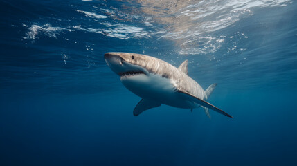 Fototapeta premium Great white shark underwater ocean predator wildlife marine animal sea life dangerous species aquatic nature