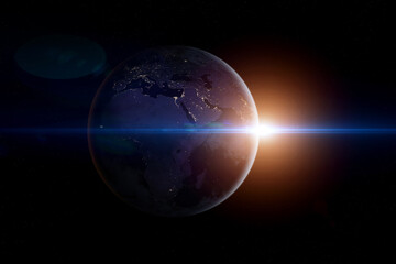 Space, Sun and planet Earth. Amazing planet Earth at night with continets and city light on the starry sky. Europe, Asia, Africa. 