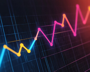 Naklejka premium A vibrant, stylized graph with colorful lines representing data trends against a dark background.