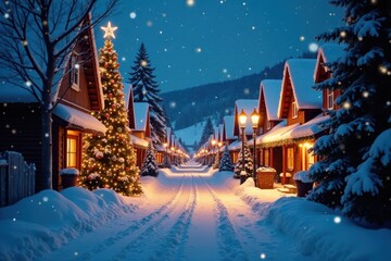Fototapeta premium Snowy village street at night with festive decorations and Christmas tree lighting, festive decorations, winter village