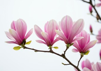 Close up view of pink magnolia blossoms against a bright sky hue isolated on white background