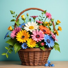 Whimsical wildflowers in a colorful vintage basket , basket, vintage