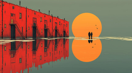 Holocaust minimalist vector art with red barracks, sunset reflection and two lone figures
