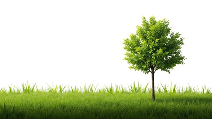 Small Green Tree Growing in Grass on White Background for Ecology