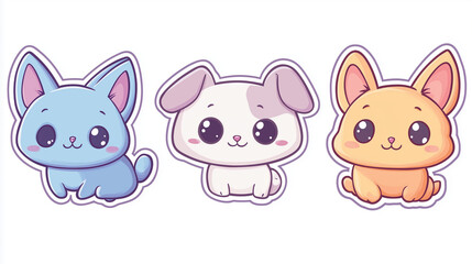 Naklejka premium Kawaii Animal Sticker Set Isolated on White Background