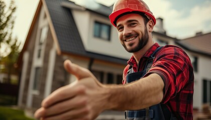 Confident Pleasant Handyman Offering Handshake To Clients' Family: Professional Repairman In Hardhat And Overall Working In New House. Side View Portrait.