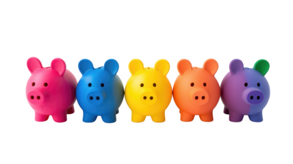 five colorful plastic piggy banks lined up on a clean white background in a minimal studio setup
