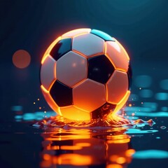 Fototapeta premium Glowing neon soccer ball hovering above water surface , water, neon