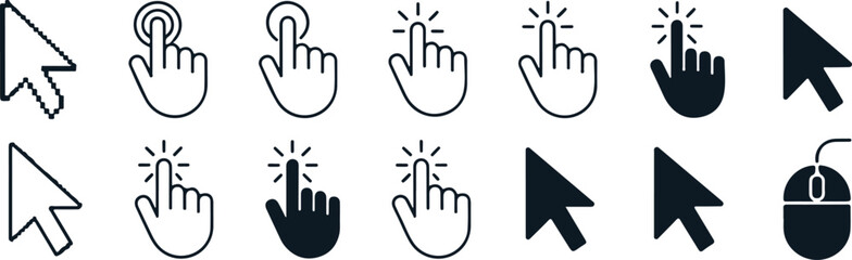 Obraz premium Mouse cursor and hand pointer icon set outline clicking hand, computer arrow, touchscreen gesture vector symbols for UI and UX
