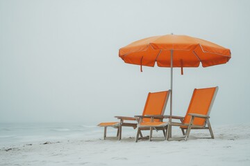 A two orange beach chairs under an umbrella on the white sandy shore, with turquoise ocean waves in the background.