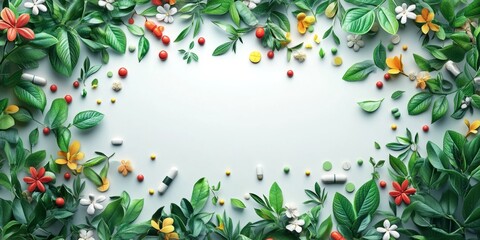 Fototapeta premium Capsules and fresh herbs scattered around a blank white space with colorful accents, ideal for branding health products or herbal remedies themes.