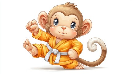 Fototapeta premium A cute cartoon monkey in a martial arts uniform, performing a karate move with a playful expression.
