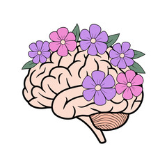 Brain with Flowers Floral Mental Health Illustration