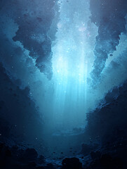 Obraz premium underwater seascape with sunlight beams, deep ocean view showing aquatic light rays and marine depth, calm dark water scene with peaceful glow and blue silence 