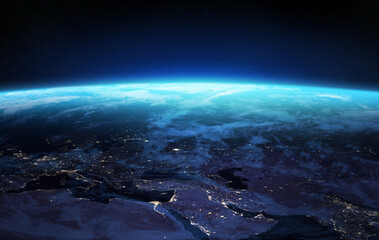 Nightly Earth planet. Space banner template. Amazing Nightly Earth planet in outer space. Europe, Near East and Africa at night viewed from space. 