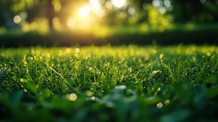 Naklejka premium Morning Dew on Lush Green Grass, Golden Sunlight