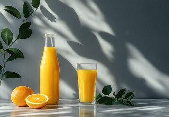 Vibrant yellow-orange juice in a glass and bottle on a white marble table with a grey background,