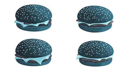 Four Dark Blue Burgers with Blue Cheese and Sesame Seeds
