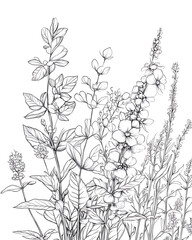 Fototapeta premium illustrations of various trees, leaves, grasses, and botanical elements on white background.
