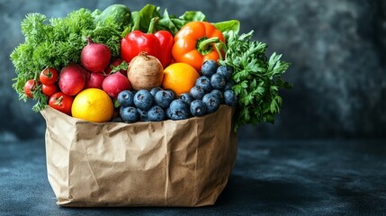 fresh fruits in paper bag on white background 