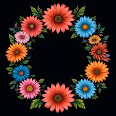 Frame floral round wreath of yellow red flowers on black and orange background.