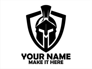 Stylized black and white emblem featuring a Spartan helmet silhouette within a shield shape. Warrior concept, spartan logo vector design