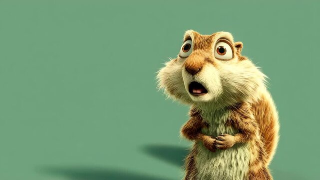 Surprised animated squirrel character with expressive eyes against a solid green background