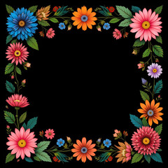 Fototapeta premium Frame floral round wreath of yellow red flowers on black and orange background.