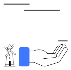 Outlined hand gesture near windmill highlights sustainability, clean energy, and environmental stewardship. Ideal for renewable energy, conservation, eco-awareness, resources, innovation, support