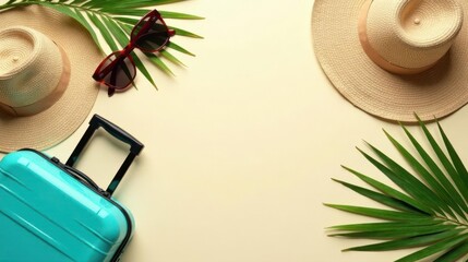 Tropical Getaway Essentials Stylish Suitcase, Sun Hats, and Sunglasses Await Your Next Adventure