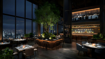 Modern Rooftop Restaurant At Night With City Views