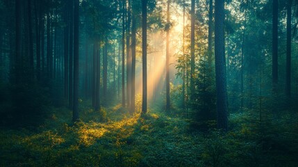 Obraz premium Sunbeams Piercing Through Misty Forest