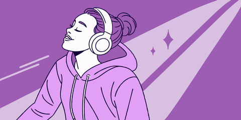 Stylish fashion teenager model wearing hoodie and headphones listening dj music dancing in purple neon lights. Young teen girl enjoy cool music 90s party mix in violet studio background
