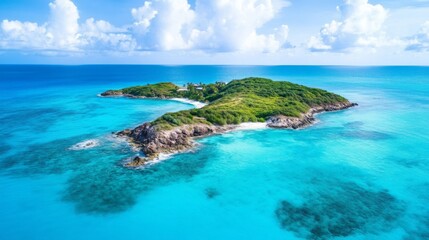 Aerial shot of an island surrounded by turquoise water with negative space in the ocean area