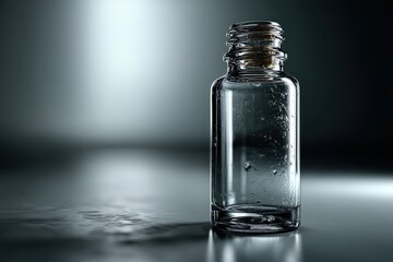 Transparent glass bottle with water droplets on a reflective surface in a dimly lit environment