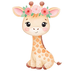 Cute baby giraffe wearing a flower crown. Isolated watercolor illustration.