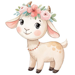 Cute little goat character in floral wreath. Isolated watercolor illustration.