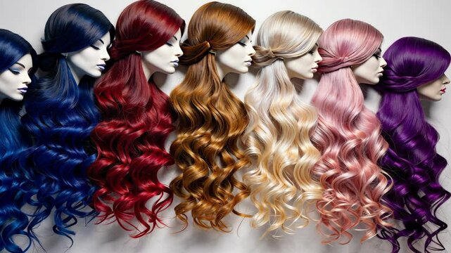 Vibrant spectrum of long, wavy hair extensions displayed on mannequin heads showing creative and colorful hairstyles