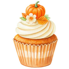 Cupcake with autumn decor and  pumpkin on top.  Isolated waterclor food illustration.