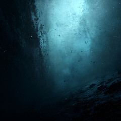 Obraz premium mysterious deep sea scene with marine creatures and faint natural light, underwater abyss with whale silhouette and floating particles in a dark ocean environment 